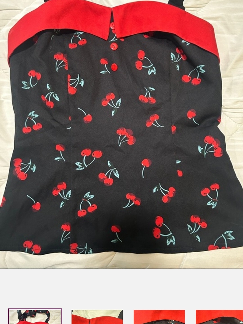 Retro Cherry Print Black Strapless Camisole with Red Trim